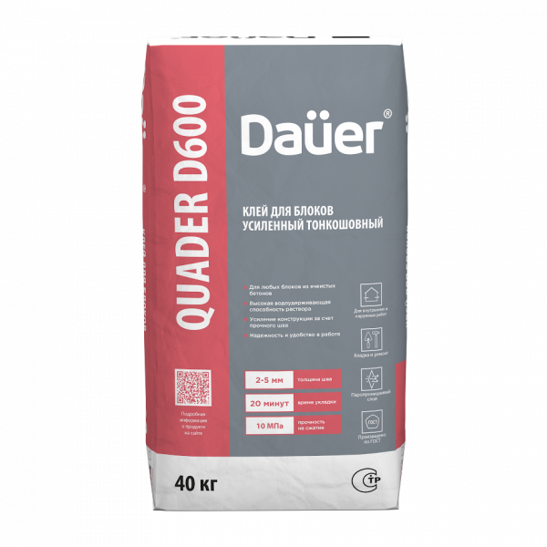 Клей монтажный тонкошовный Т Рк170 М75 F50 ГОСТ Р 58272, 40 кг DAUER QUADER D600 по низкой цене